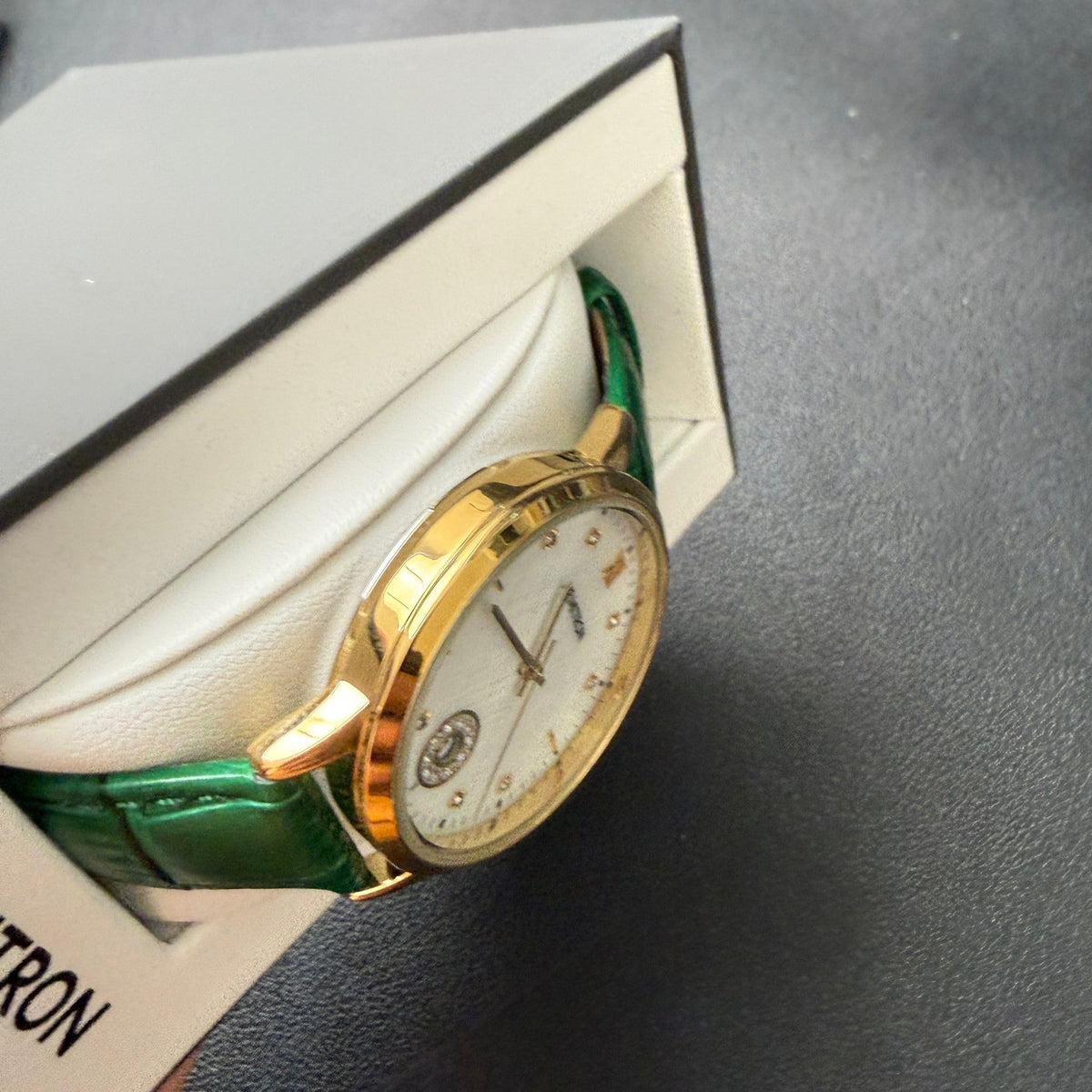 Armitron 75/5834GP Women's Gold Tone Crystal Green Leather Strap Watch New Batt
