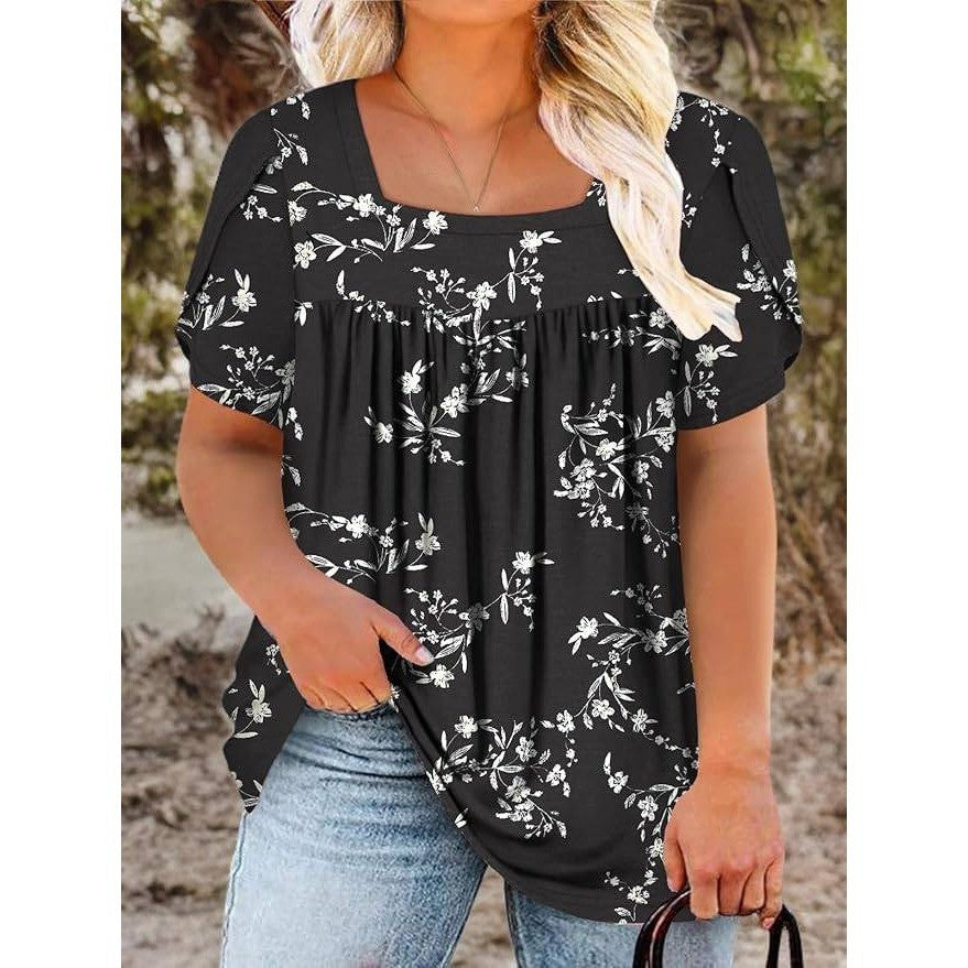VISLILY Women's 3XL Summer Top Petal Short Sleeve T-Shirt Square Neck Blouse Fl