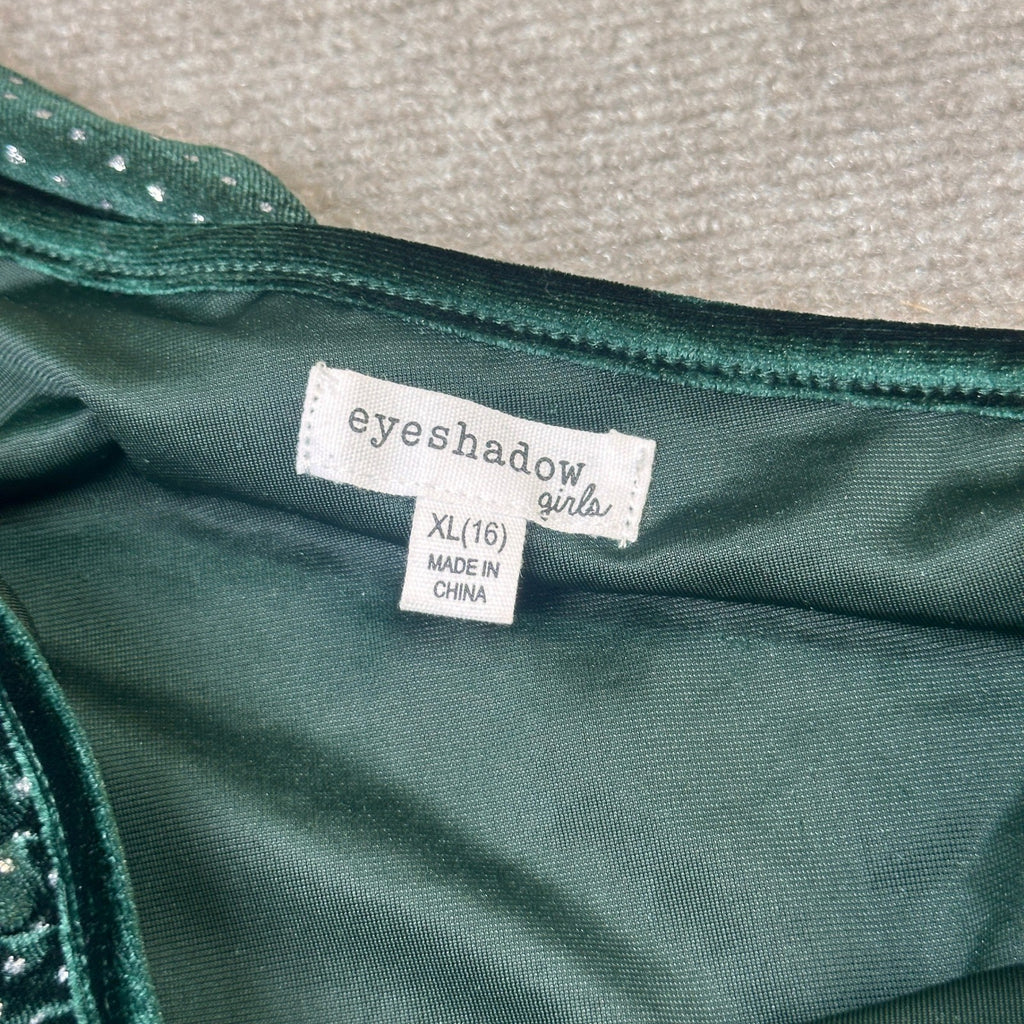 MSRP $60 Kohl's Eyeshadow Girls XL (16) Green Silver Glitter Dot Velvet Jumpsuit