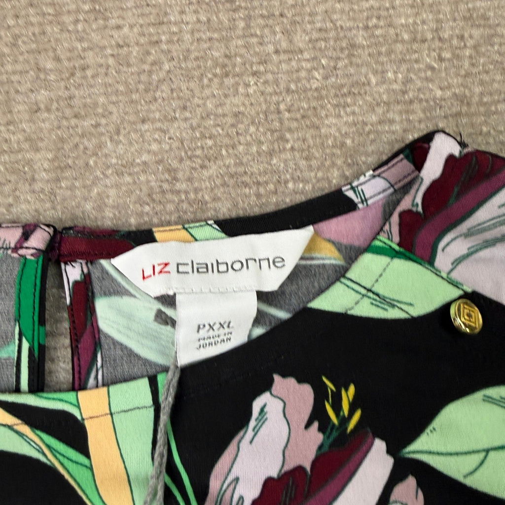 MSRP $44 Liz Claiborne Womens XXL Petite Black Floral Long Sleeve Blouse Round