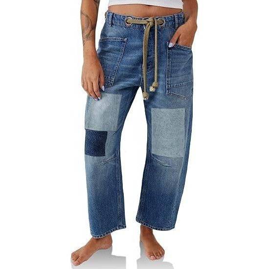 PLNOTME Womens 10 Blue Baggy Barrel Horseshoe Jeans Wide Leg Patchwork Low