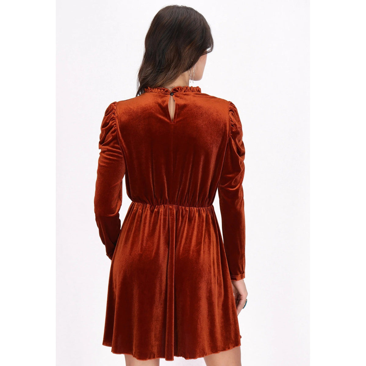 Women's M Chestnut Velvet Mini Dress Long Sleeve Ruffle Neck Pleated Skirt