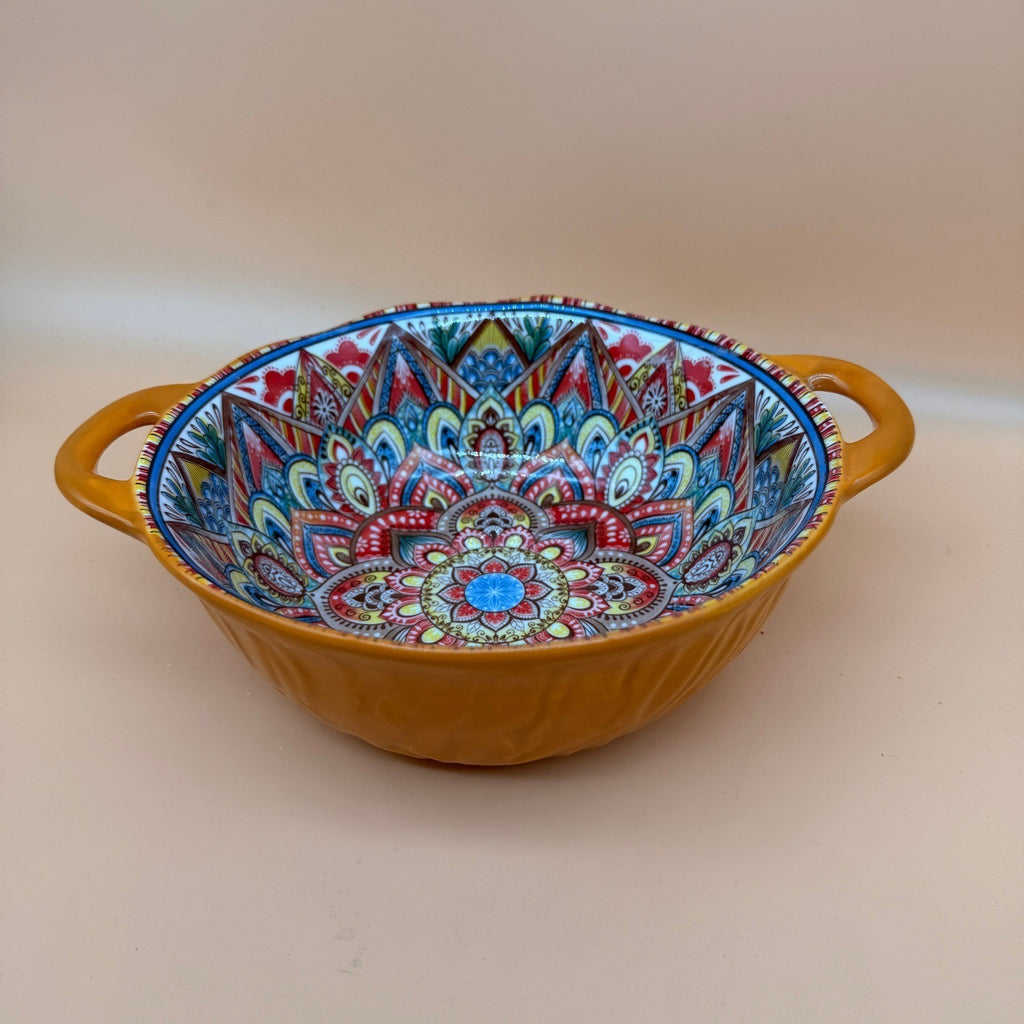 Boho Ceramic Orange Serving Bowl with Handles, Large Porcelain Salad Bowl