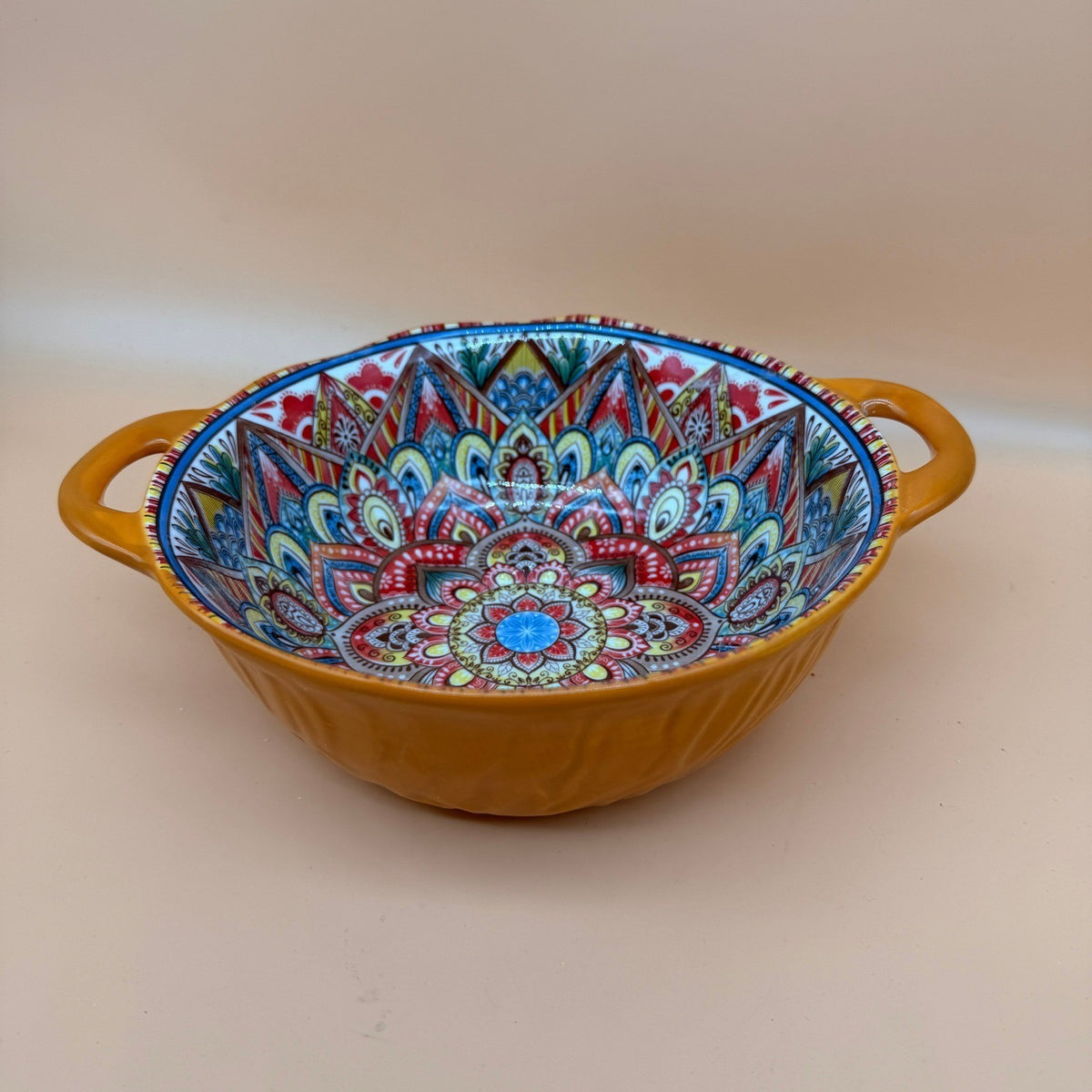 Boho Ceramic Orange Serving Bowl with Handles, Large Porcelain Salad Bowl
