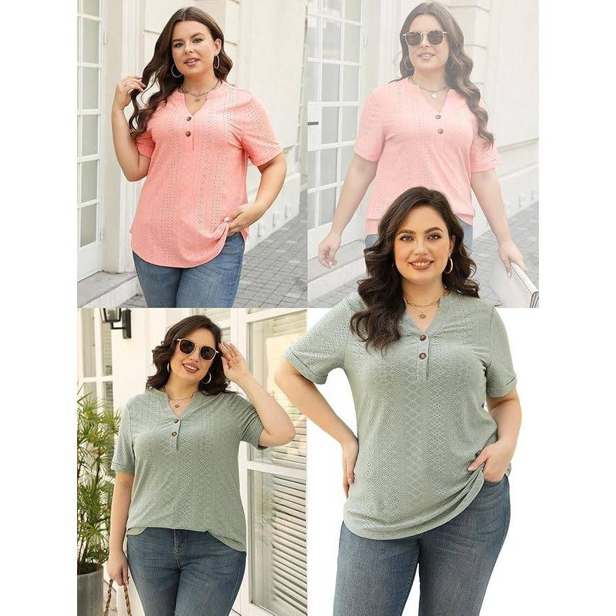 VISLILY Women's 3XL Summer Top Roll Short Sleeve V Neck T-Shirt Trendy Eyelet B