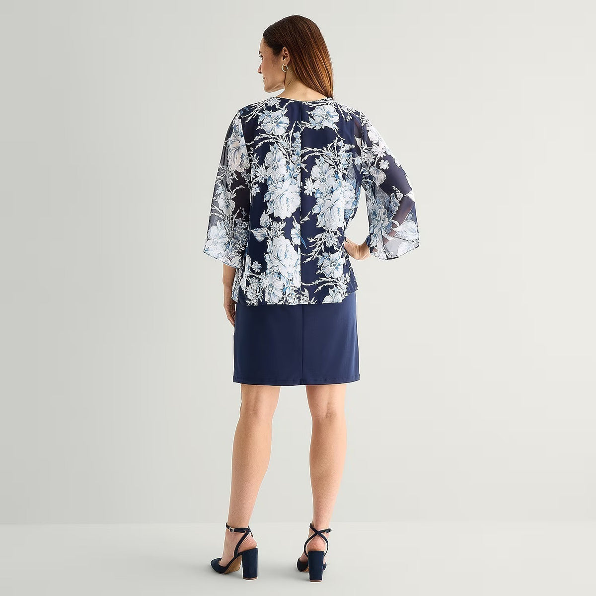 Studio One Womens XL Navy Denim 3/4 Sleeve Floral Faux-Jacket Dress With Removab