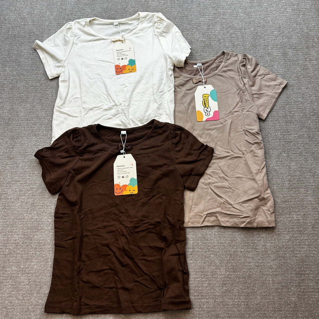 NWT LessonZoo 3 Pack Girls 9-10Y Cream/Khaki/Brown Bow Crewneck Tees Short S