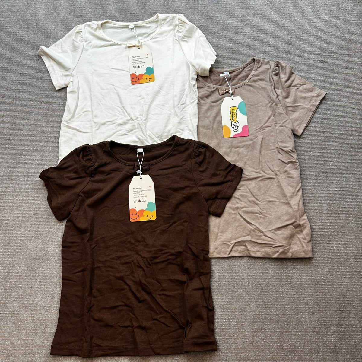 NWT LessonZoo 3 Pack Girls 9-10Y Cream/Khaki/Brown Bow Crewneck Tees Short S