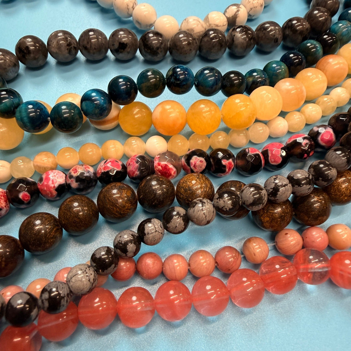 Set of 10 Natural Gemstone Round Beads Strands 15" Sizes 6,8,10 mm 14oz №B5