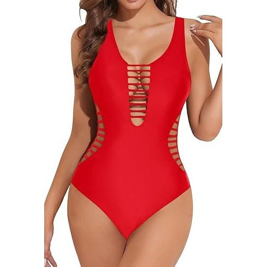 MSRP $45 Aqua Eve Women's L Red Sexy One Piece Swimsuits Plunge Deep V Neck
