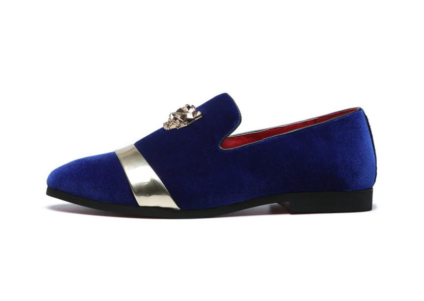 Santimon Mens US 7-11 Blue Velvet Loafers Golden Animal Buckle Slip-On Shoes