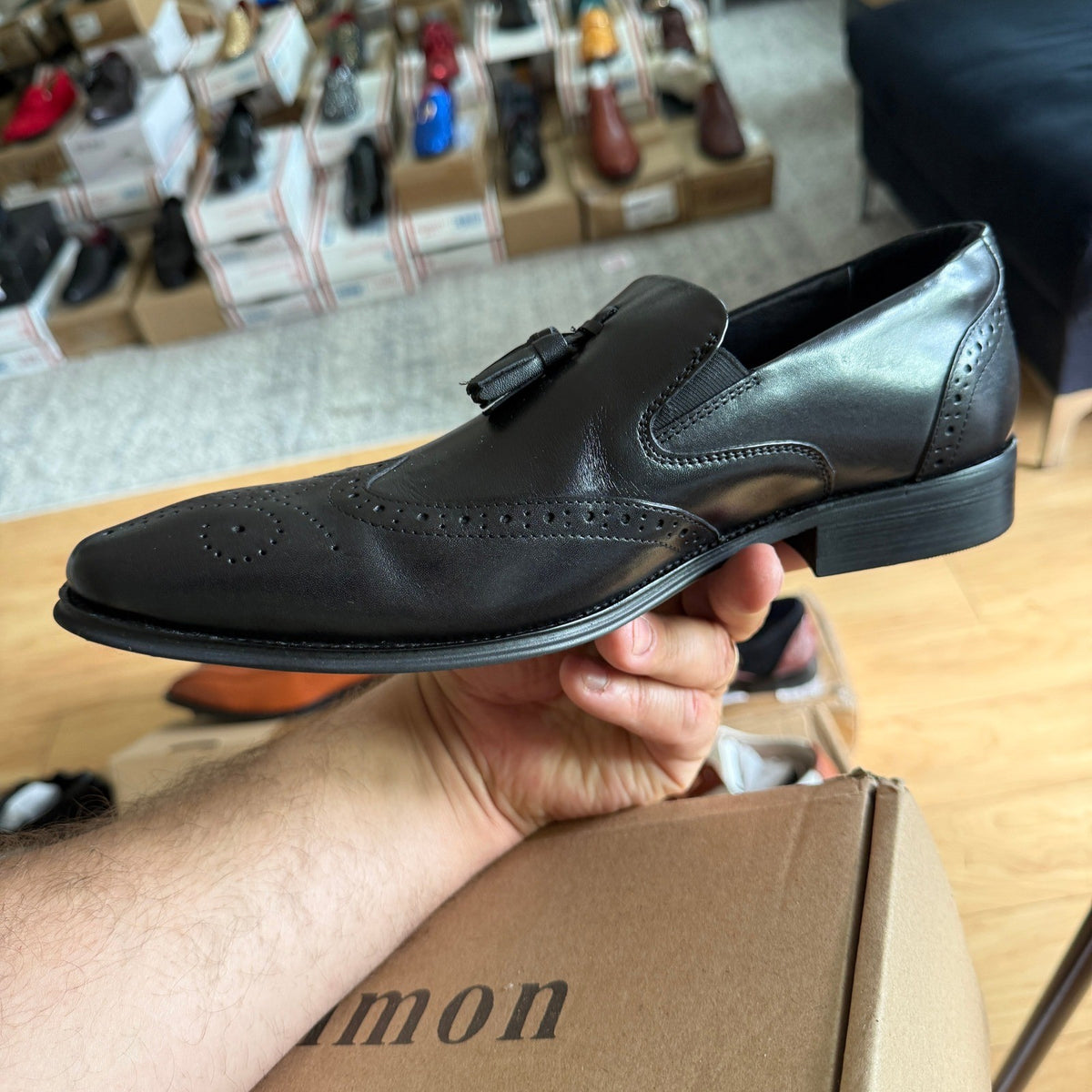 Santimon Men's US 8 Black Tassel Loafers Wingtip Brogue Slip on Shoes