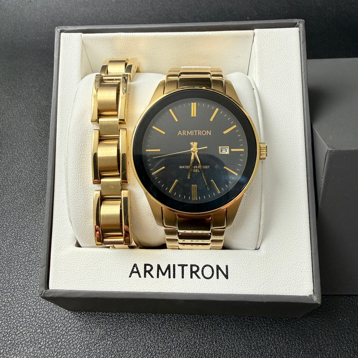 Armitron Men's 20/5374GP Watch and Bracelet Set Gold Tone New Battery Date Func