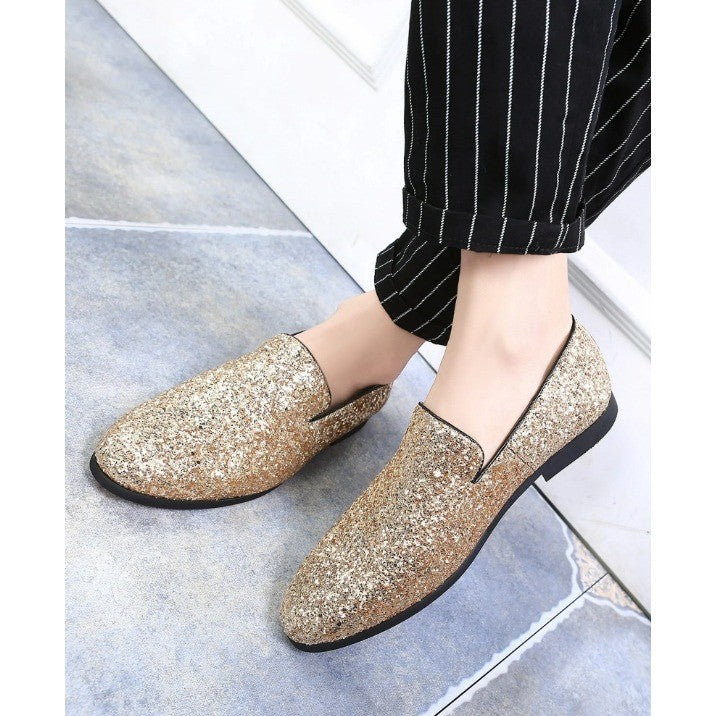 Santimon Men's US 12 Gold Glitter Slip-On Loafers Sequin Dress Shoes
