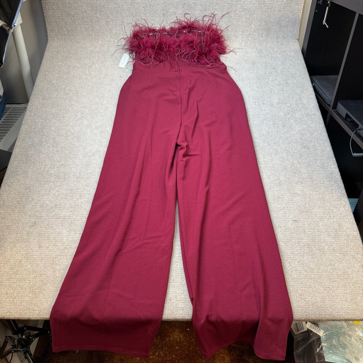 MSRP $120 Premier Amour Womens 14 Burgundy Strapless Jumpsuit Faux-Feather Trim