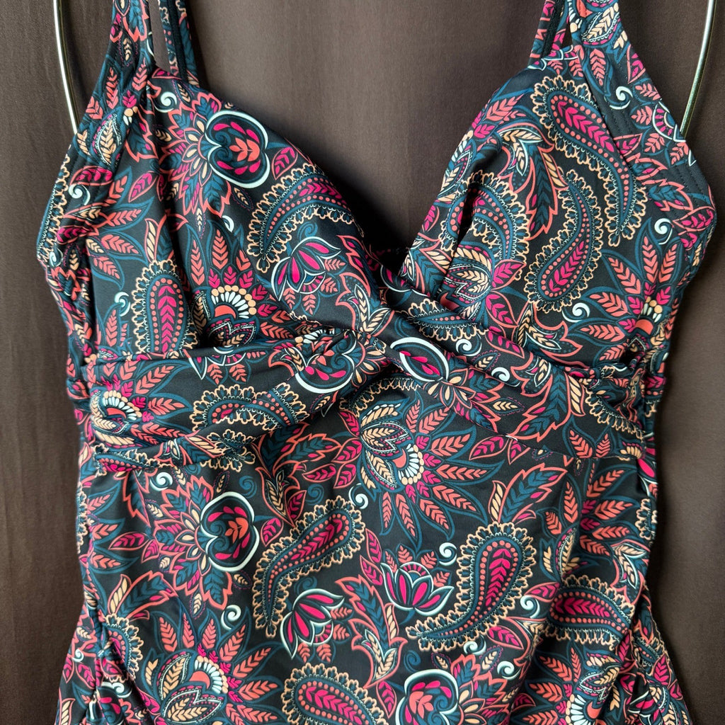 Lands' End Women's 2 V-Neck Wrap Underwire Tankini Swimsuit Top Paisley Floral P