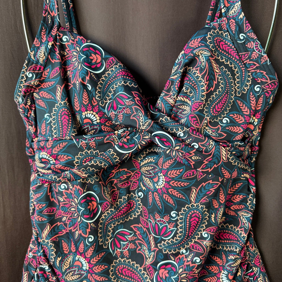 Lands' End Women's 2 V-Neck Wrap Underwire Tankini Swimsuit Top Paisley Floral P