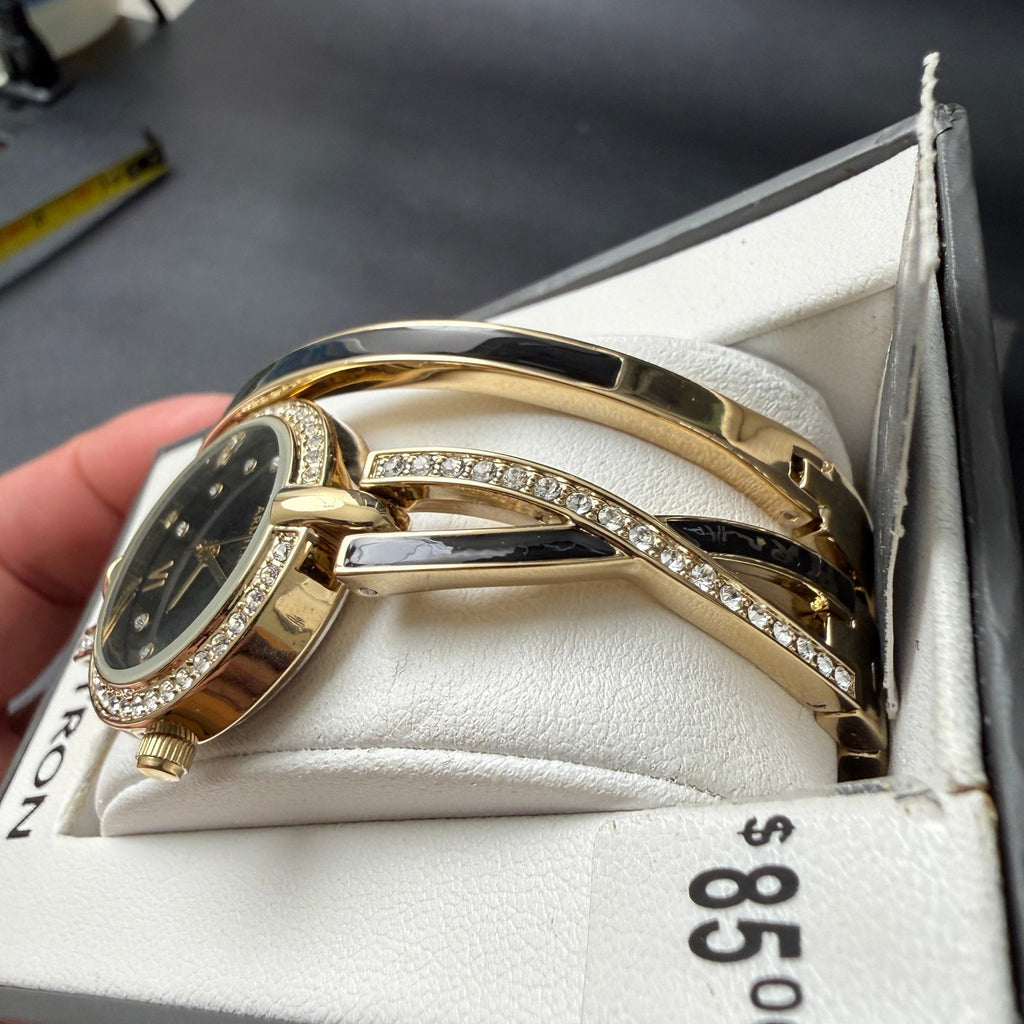 MSRP $85 Armitron 75/5720 Women's Gold/Black Tone Watch and Bracelet Set New B
