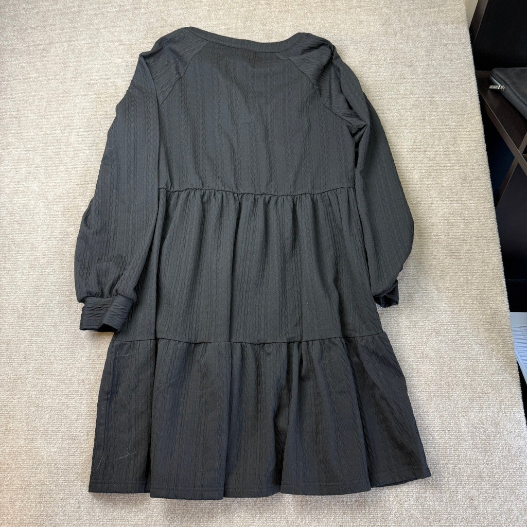 MSRP $40 Dokotoo Womens L Black Long Sleeve V Neck Textured Babydoll Fall Dress