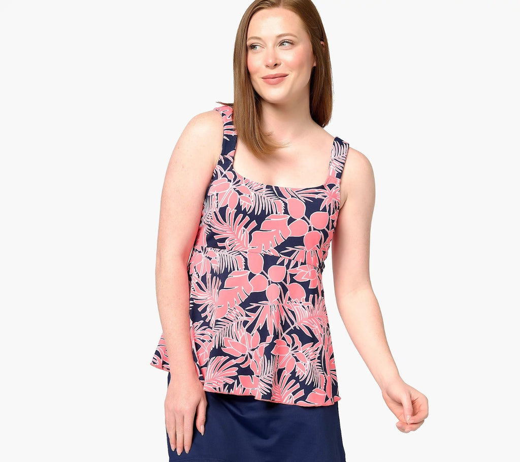 Lands' End Women's XS-L Flutter Scoop Neck Tankini Top Wood Lily / Navy Floral