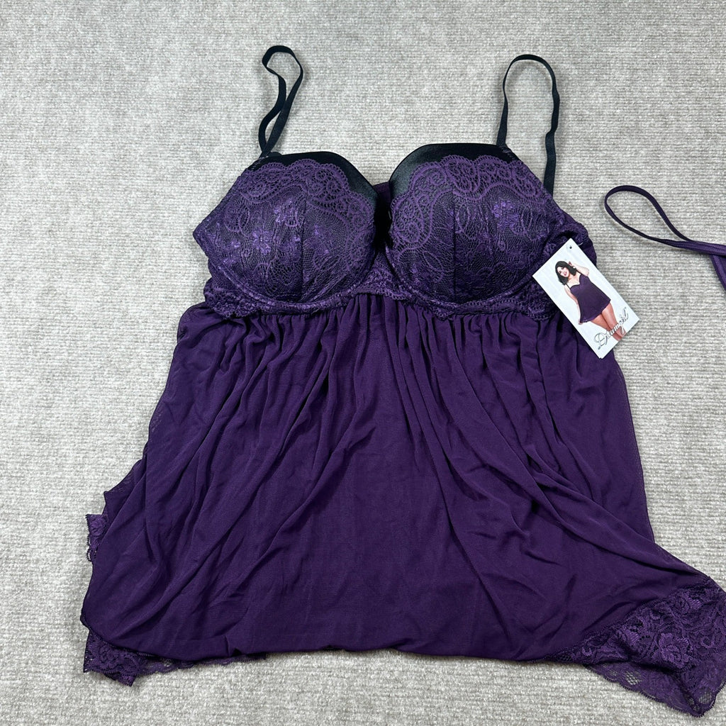 NWT Dreamgirl 11020X Womens 1X Plum Stretch Mesh and Lace Babydoll w/ G-String