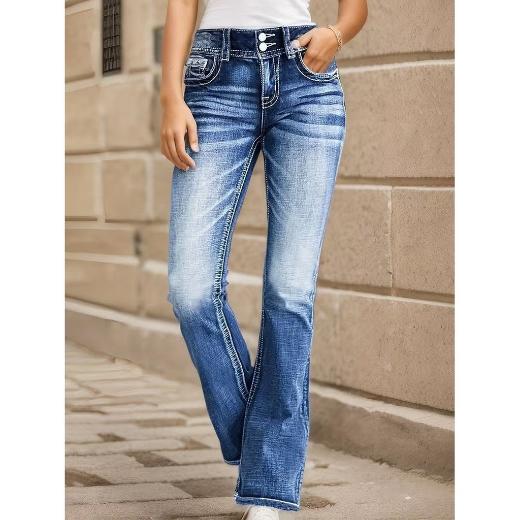 Women's XXL Blue Bootcut Flare Jeans High Waist Cross Wing Embroidered Back