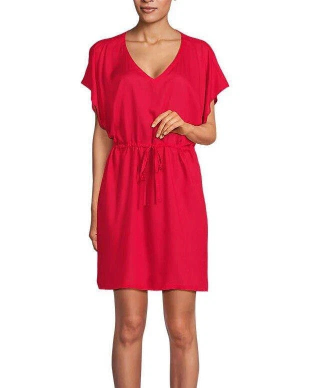 Lands' End Women's M-L Sheer Short Sleeve Gathered Waist Swim Cover-up Dress Ove