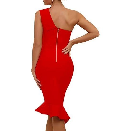 UONBOX Women's XS Red One Shoulder Sleeveless Bodycon Dress Midi Mermaid Banda
