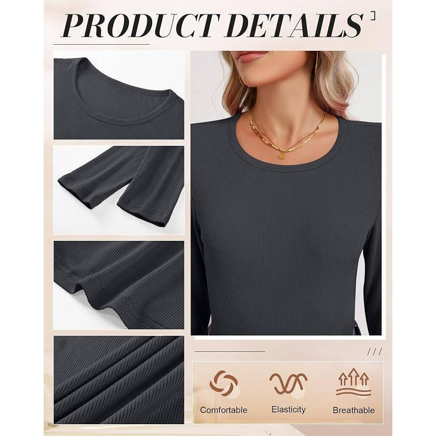MSRP $51 Ficerd 3 Pack Women's M Ribbed Crew Neck Long Sleeve Shirts Slim Fitte