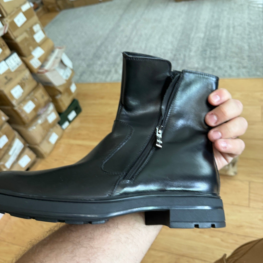 Santimon Men's US 8 Black Leather Zipper Winter Fur Lined Mid-Calf Dress Boots