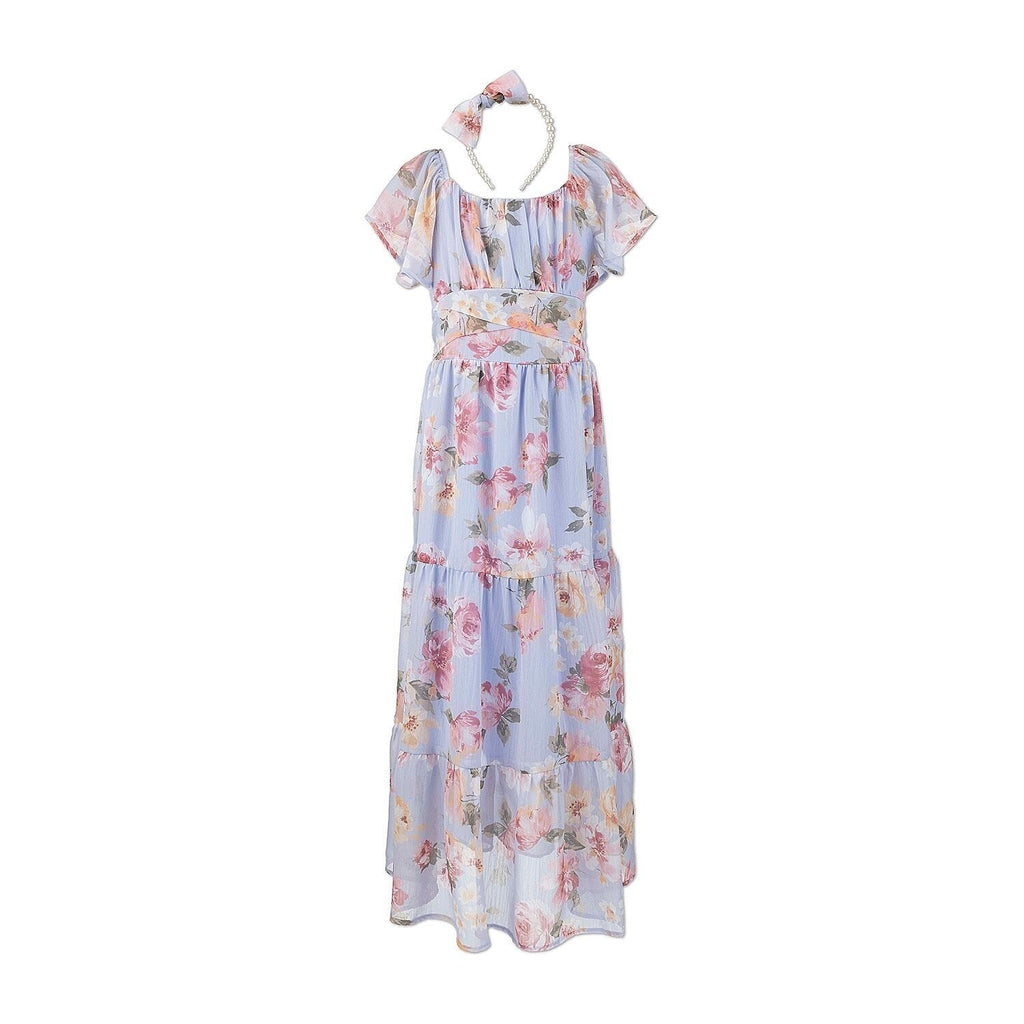 MSRP $64 Speechless Kids Girls 18 1/2 Slate Floral Maxi Dress w/ Headband