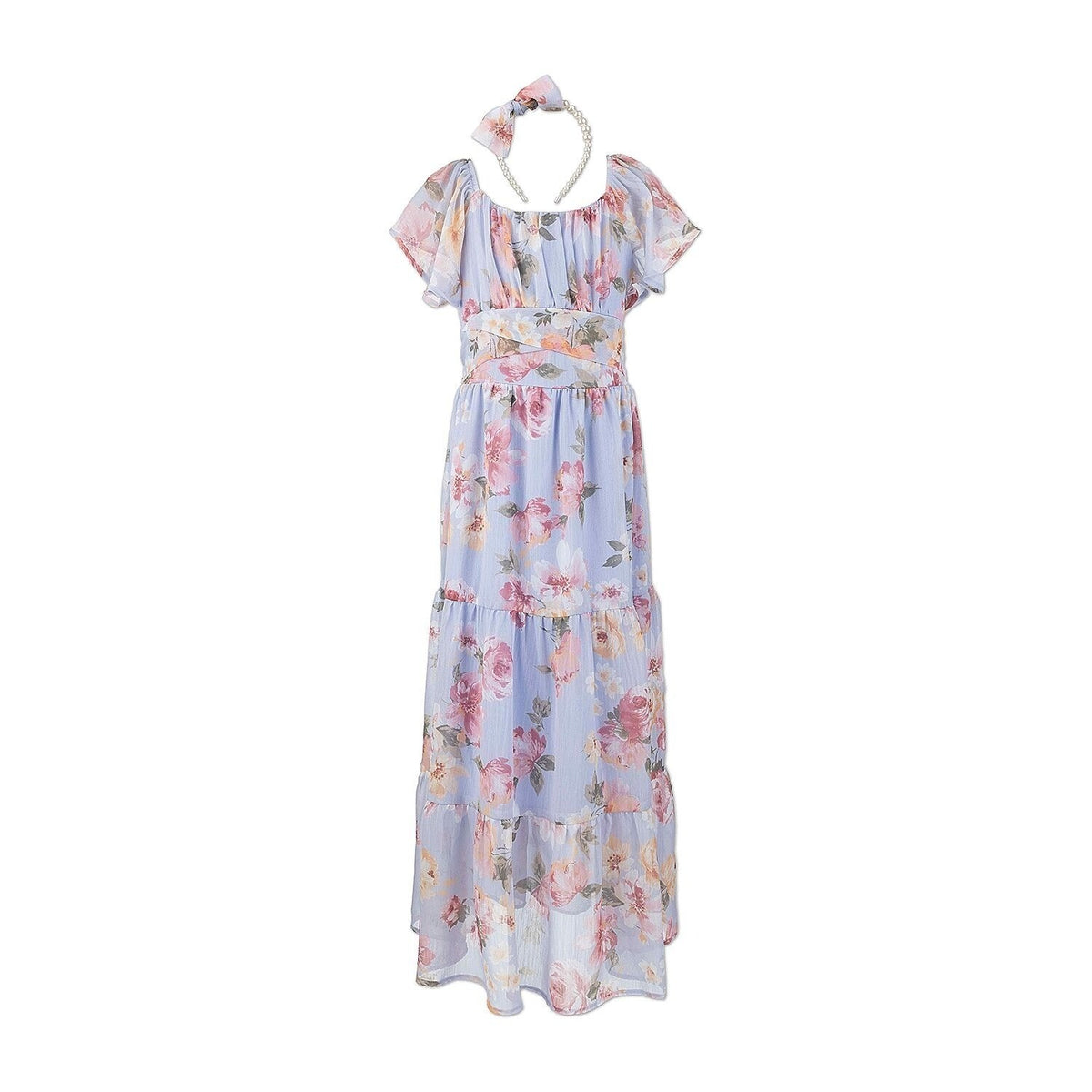 MSRP $64 Speechless Kids Girls 18 1/2 Slate Floral Maxi Dress w/ Headband