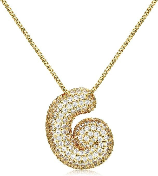 Gold Bubble Letter Women's Necklace G–W Initial Pendant, 18K Gold Plated Chunky