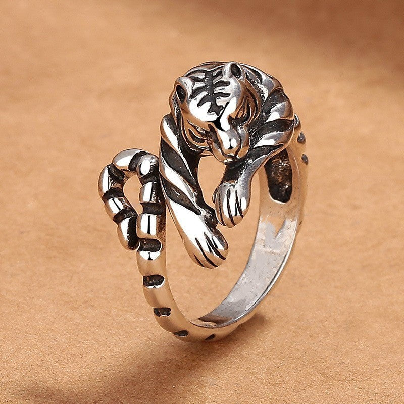 Tiger Open Ring Men's Women's Punk Jewelry Stainless Steel Size 8 Adjustable 7-9