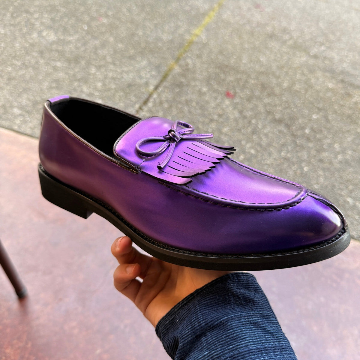 Santimon Men's US 8 Purple Moc Toe Kiltie Bow Slip On Loafers Casual Boat Shoes