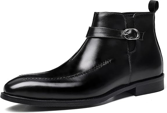 Santimon Men's US 7.5, 12 Black Leather Buckle Strap Zipper Ankle Dress Boots