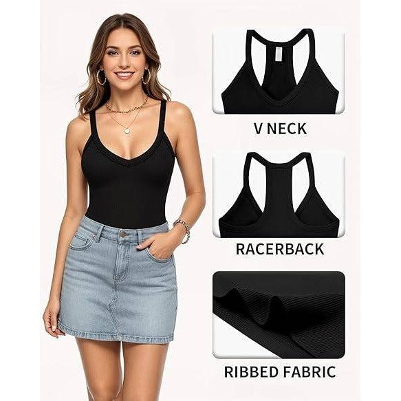 MSRP $20 MANGOPOP Women's M Black V-Neck Ribbed Tank Top Bodysuits Racerback