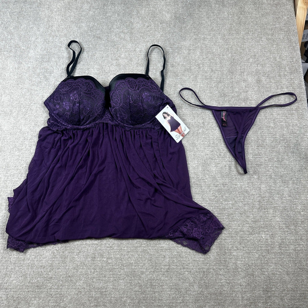 NWT Dreamgirl 11020X Womens 1X Plum Stretch Mesh and Lace Babydoll w/ G-String