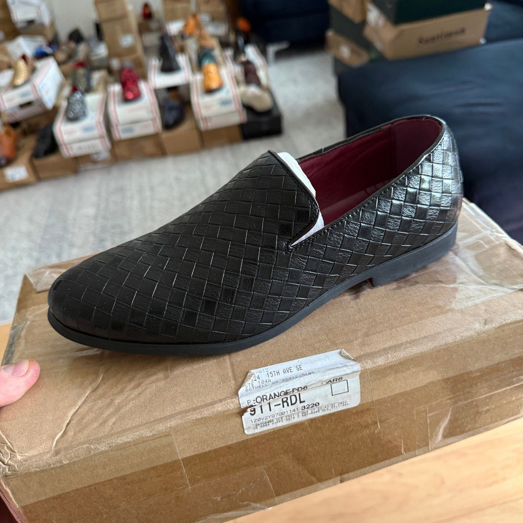 Santimon Men's US 6 Black Woven Moccasin Leather Slip-On Smoking Loafers Lightwe