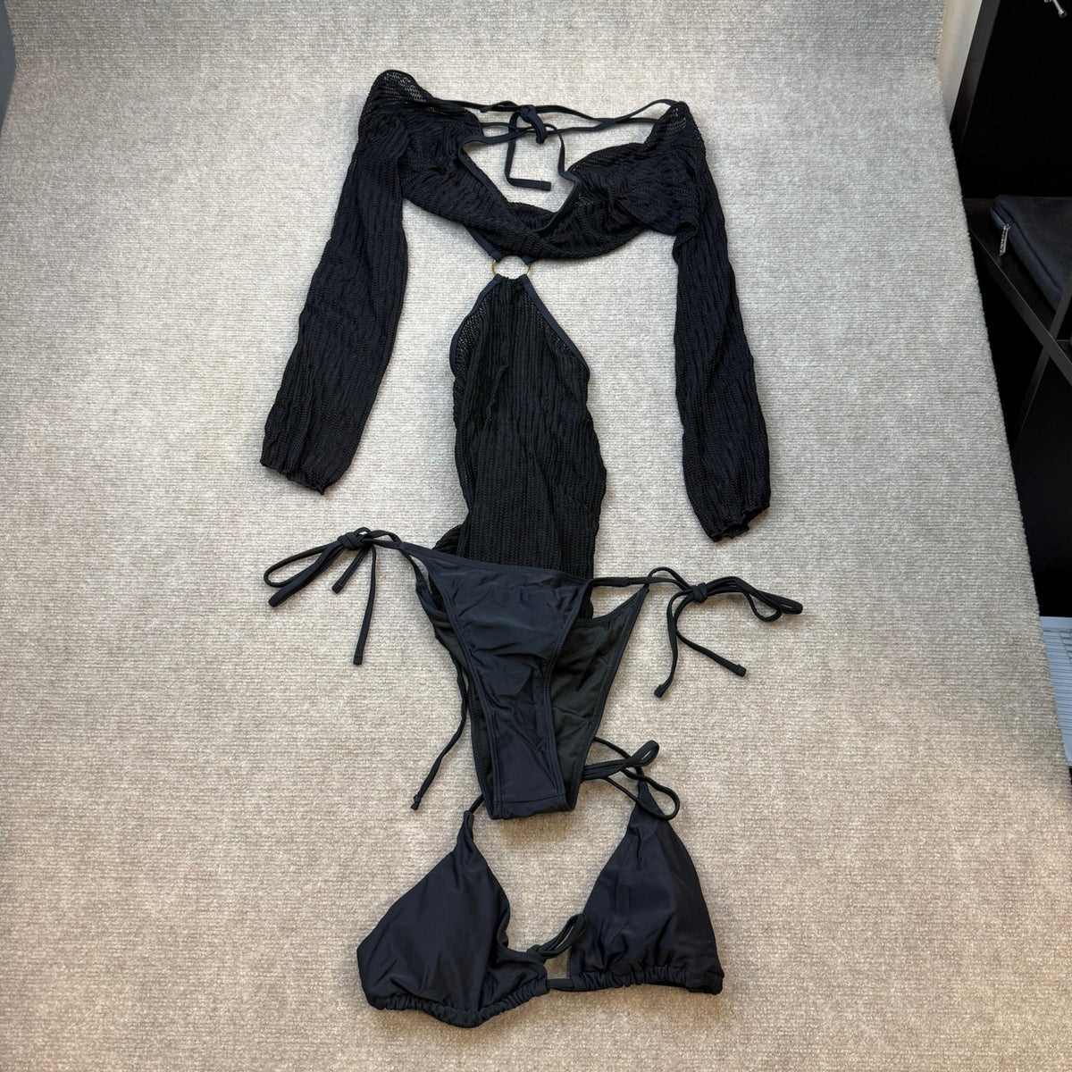 MSRP $44 Lilosy 3 Piece Women's S Black Bikini Sexy O Ring Cutout Long Sleeve