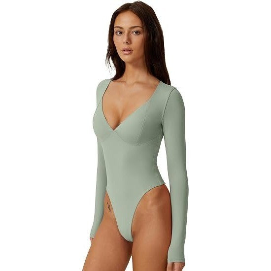 MSRP $30 QINSEN Women's XL Smoke Green Long Sleeve V Neck Body Suits Seamed Cup
