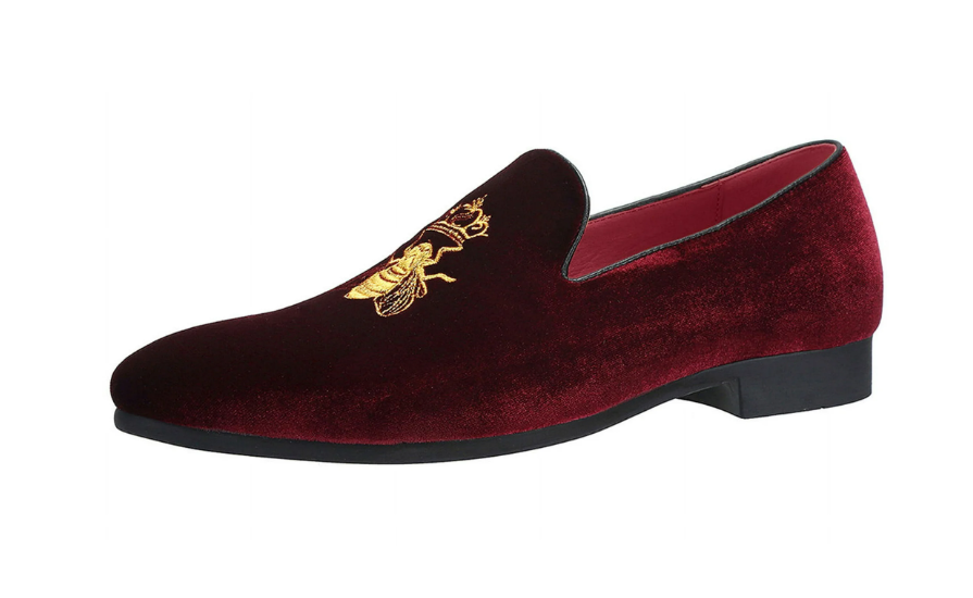 Santimon Men's US 6.5, 7.5 Red Velvet Loafers Gold Tone Embroidery Casual Shoes
