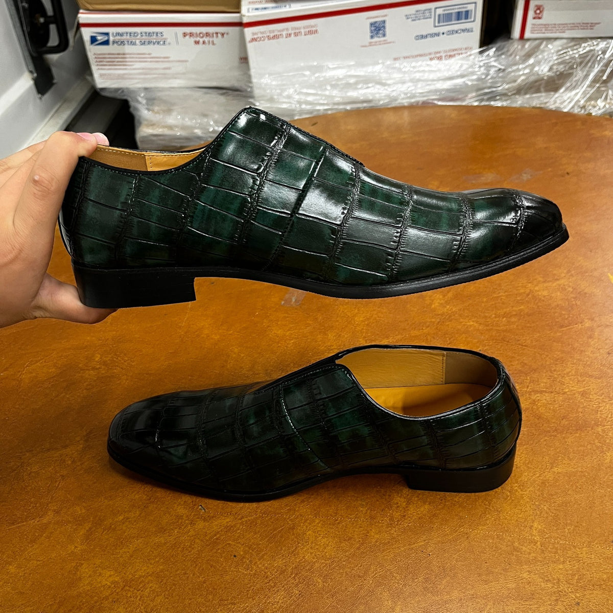 Santimon Men's US 8 - 10 Green Smoking Loafers Checkered Slip On Dress Casual