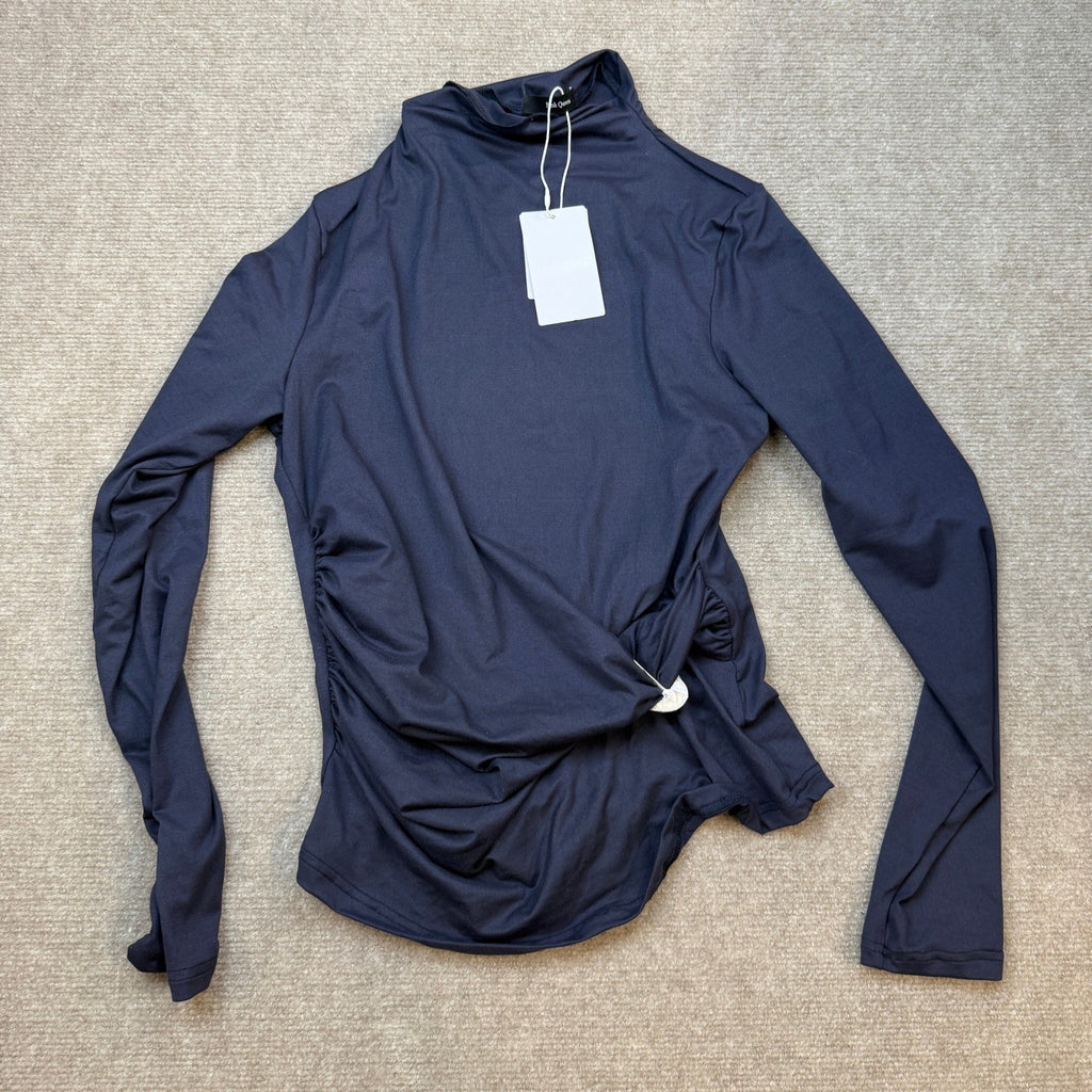 Pink Queen Women's M Long Sleeve Shirt Mock Neck Cinched Waist Fit Top Navy