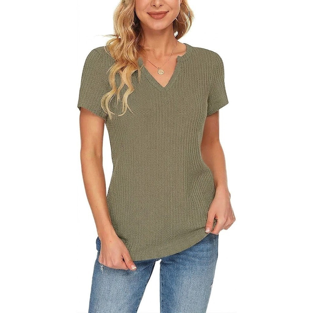 Women's L Olive Green Waffle Knit Top Short Sleeve Notch V-Neck Casual T-Shirt