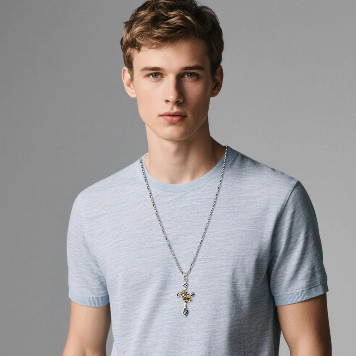 Mens Cross Necklace Silver Tone w/ Gold Tone Crown Pendant Christian Jewelry