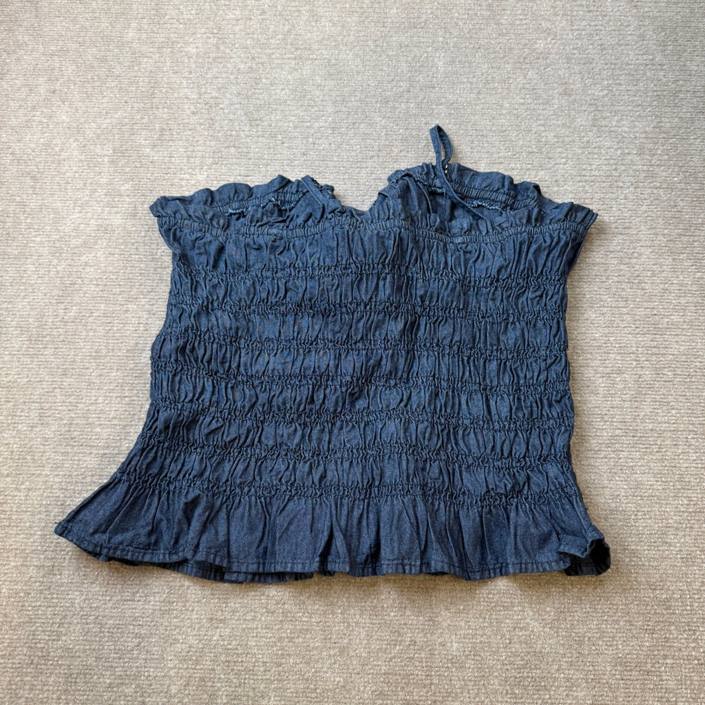MSRP $58 A.N.A Womens 1X Dark Stone Wash Smocked Square Neck Sleeveless Tank Top