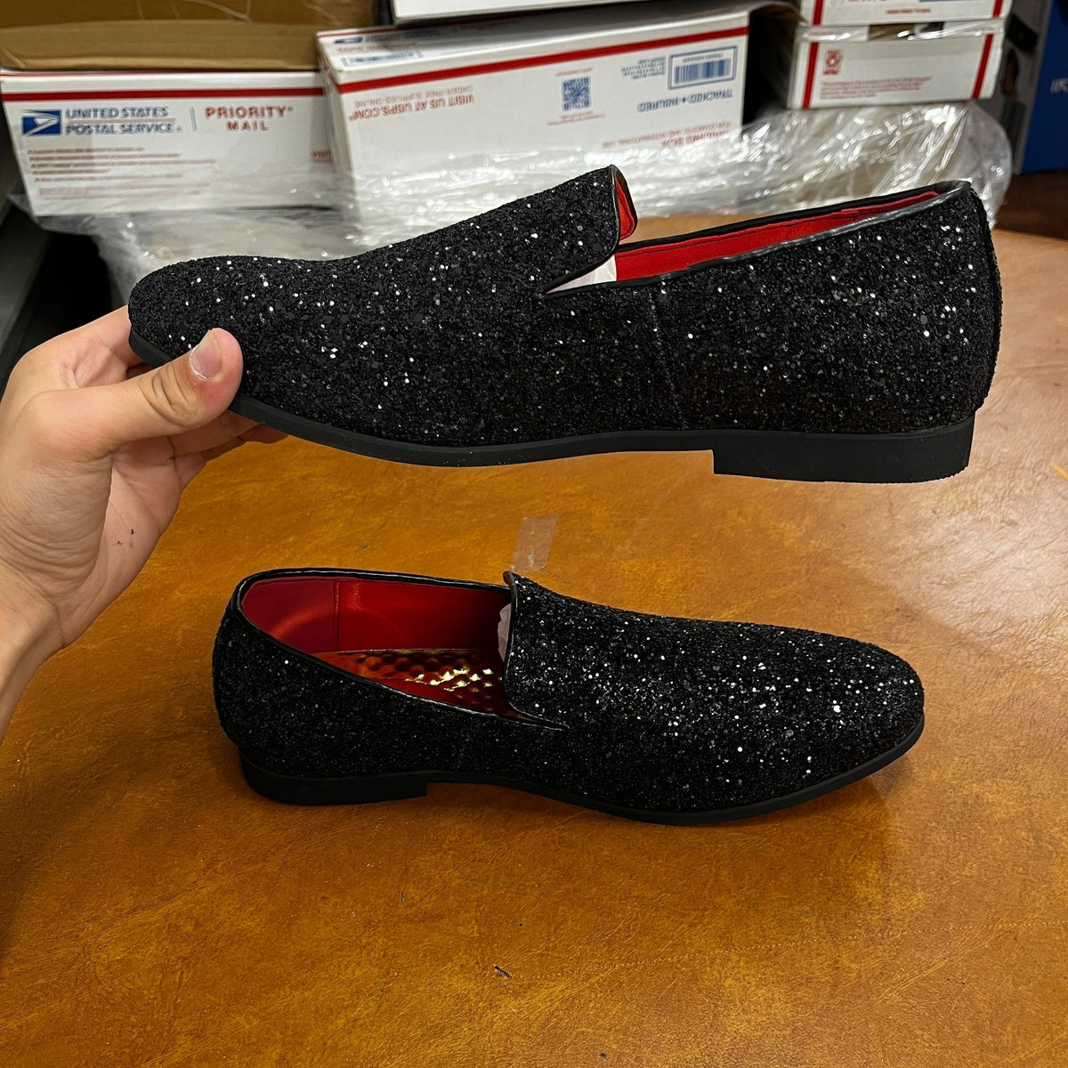 Santimon Men's US 6.5 - 12.5 Black Glitter Slip-On Loafers Sequin Dress Shoes