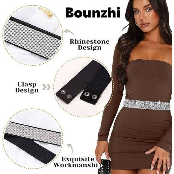 MSRP $21 Bounzhi Women's L (35"-43") Silver Belt Rhinestone Stretch Dresses Belt