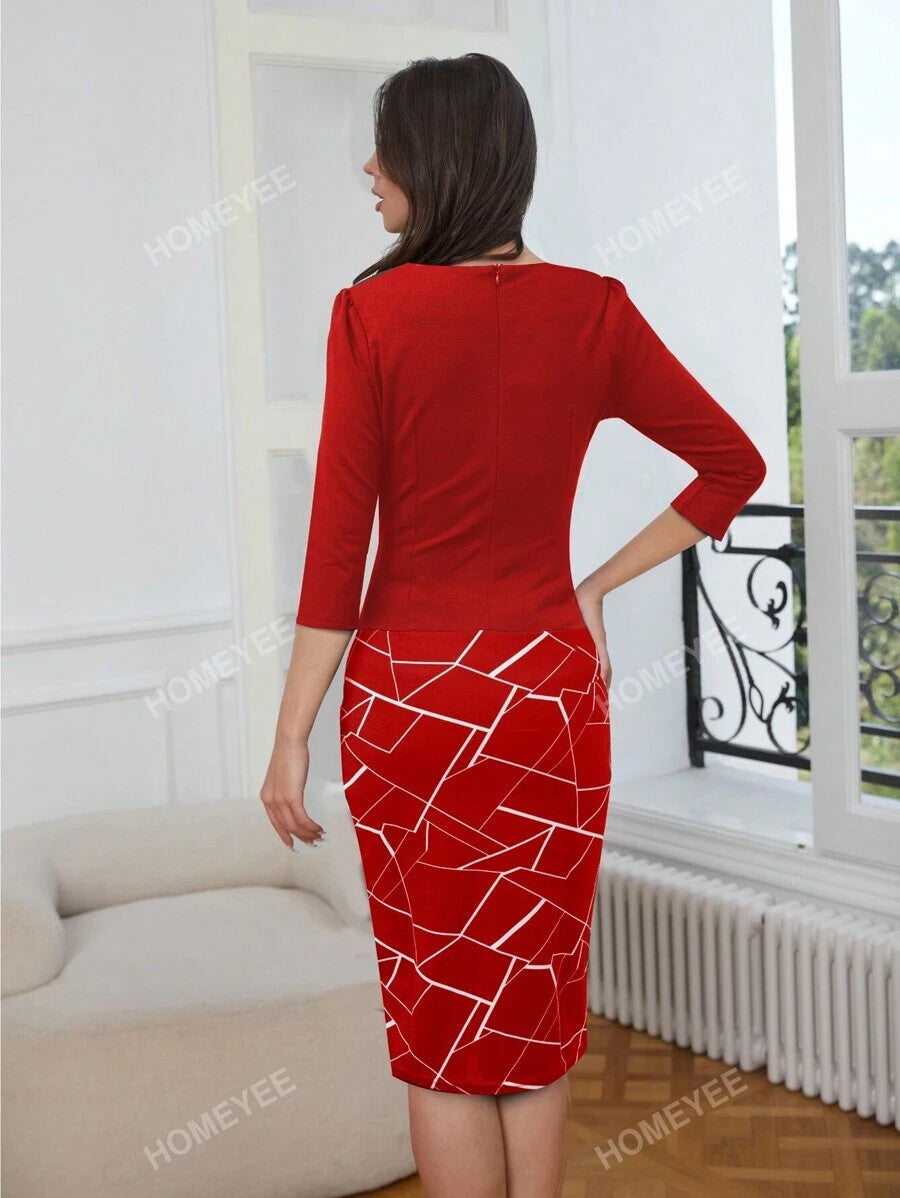 HOMEYEE Women's 2XL Printed Patchwork Elegant Striped Red Pencil Dress With 2 In